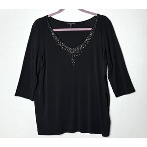Eileen Fisher Black Sequined Top Sz L 100% Silk 3/4 Sleeve Career Casual Dressy